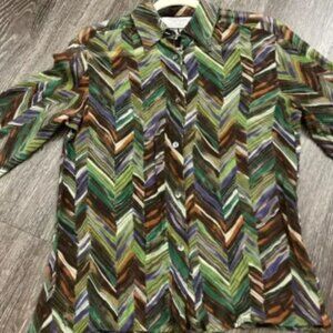 EUC Max Mara 100% Silk Sheer Button-Up Blouse Chevron Green Brown Purple Size 8